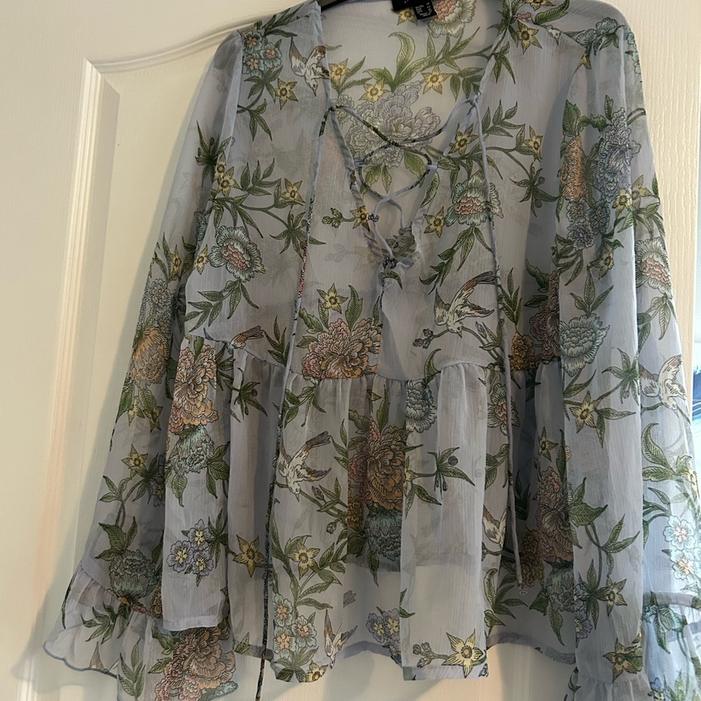 Atmosphere Sheer Floral Blouse - Blue and Green